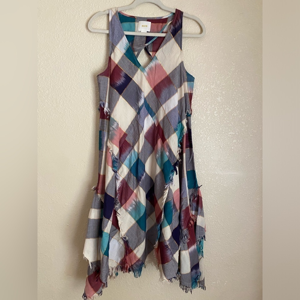 Anthropologie Maeve Metallic Patchwork Plaid Sleeveless Boho Lagenlook Dress